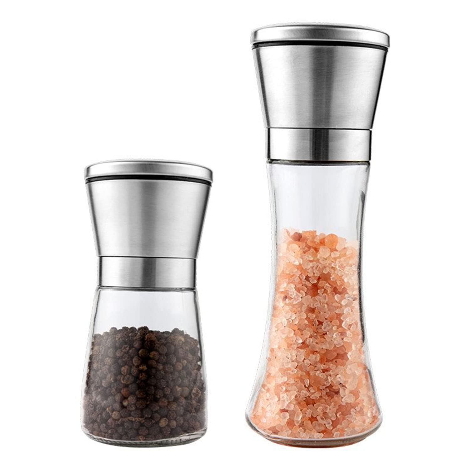Molinillo de Pimienta y Sal Cuerpo de Vidrio de Acero Inoxidable Cepillado Agitadores de Especias de Viaje Tamaño de Grano Ajustable Tarro Recargable Regalos de Cocina