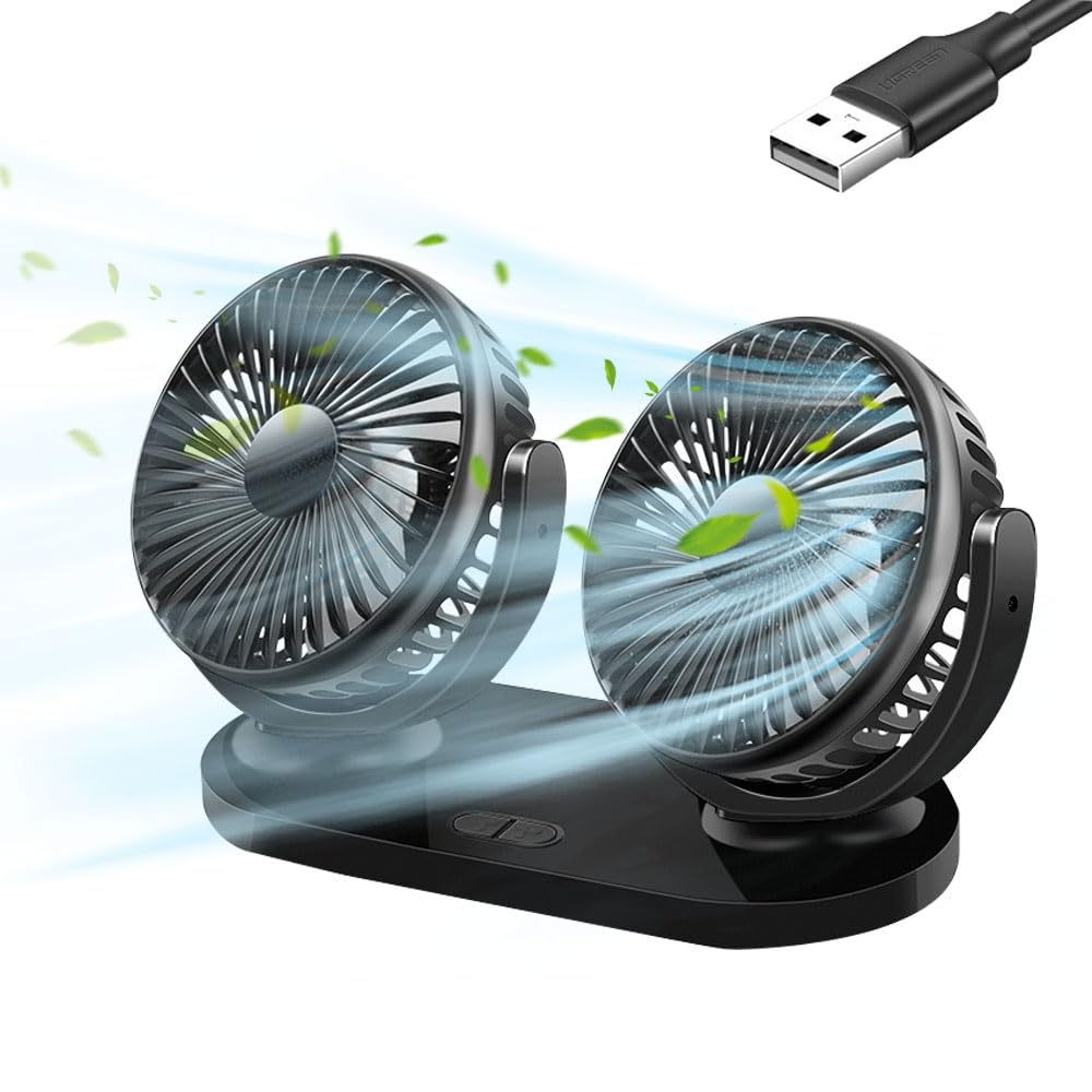 Doppia Teste Ventilatore per Auto 5V, Ventola di Raffreddamento a 3 Velocità, Ventola di Raffreddamento per Auto Girevole a 360 Gradi per tutti i veicoli familiari, furgoni, camper, ATV