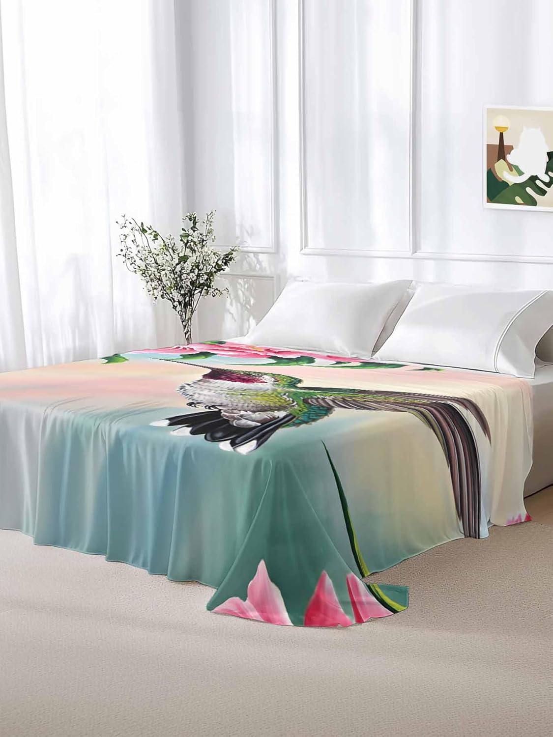 Hummingbird Twin XL Sheets - Hotel Quality Twin XL Flat Sheet Only 1 Pack, Spring Summer Pink Red Flower Leaf Soft Bed Sheet Brushed Microfiber Bedding Top Sheets for Home Dorm