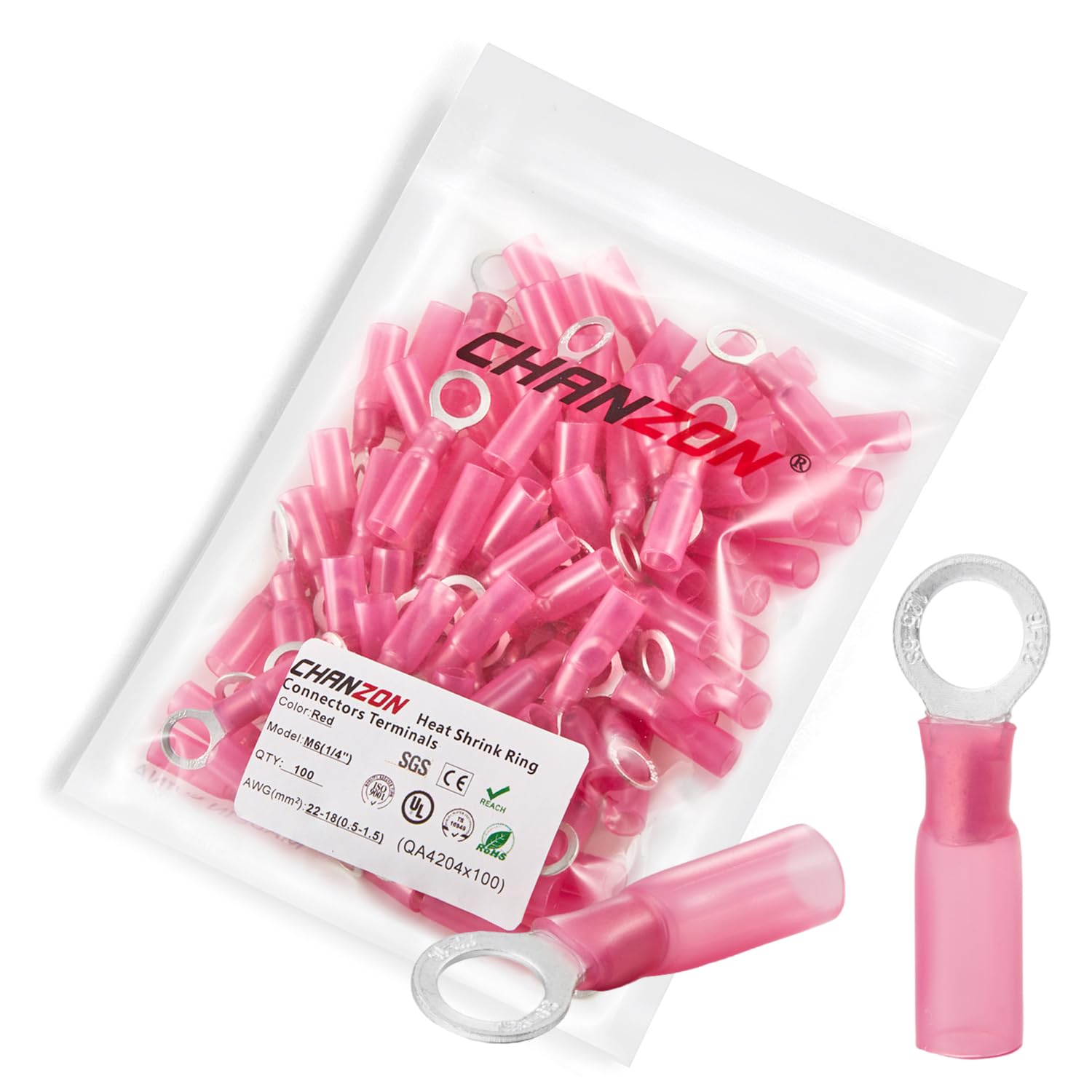 Chanzon 100pcs 1/4" Heat Shrink Ring Terminal M6 1/4in UL Listed 22-16AWG Gauge Eyelet Wire Connectors Waterproof Marine Grade Adhesive Lined Red Electrical Crimp Connector for Boat Truck Stereo Car