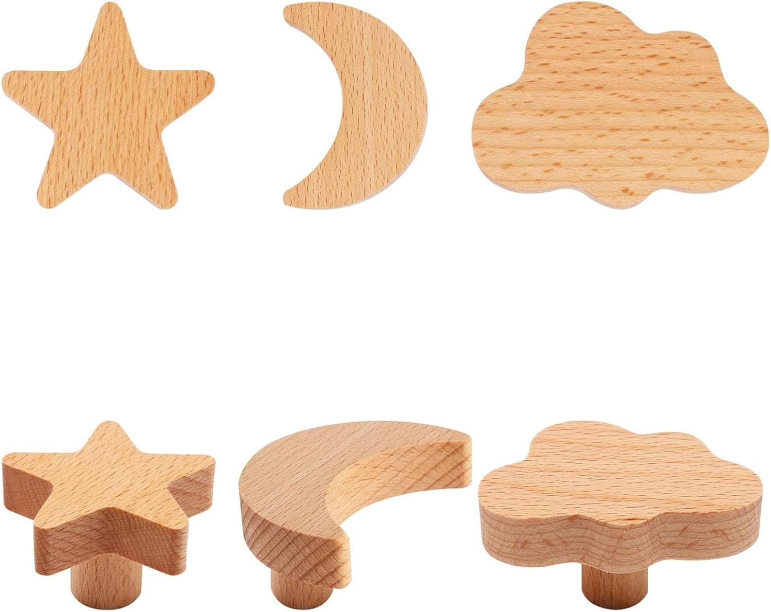 6pcs Wooden Cabinet Knobs, Star and Moon Shape Drawer Pulls Nursery Dresser Knobs Woodland Wooden Knob for Crafts Handles for Furniture Cupboard Closet Door (Moon Star Cloud)