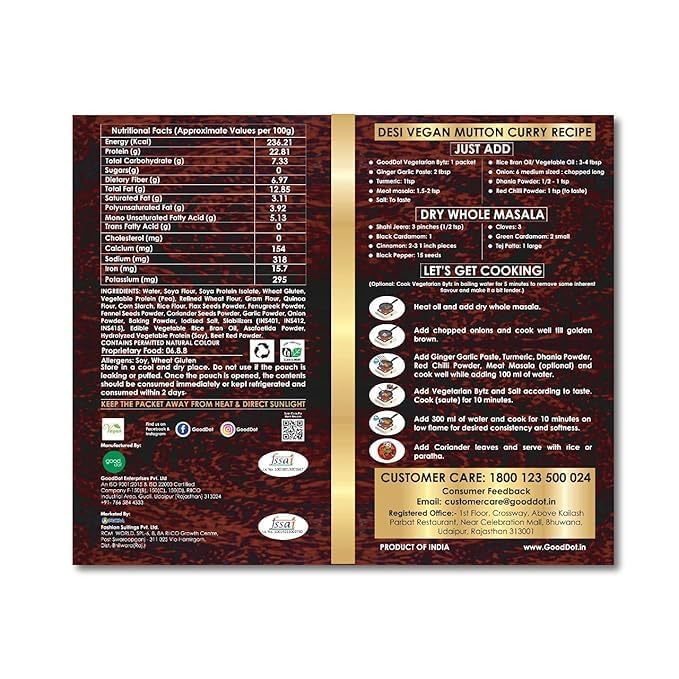 GoodDott Vegetarian Bytz β Plant-Based Meat Alternative, (Pack of 2) High-Protein, Mutton-Like Texture, Ideal for Curries & Dishesss