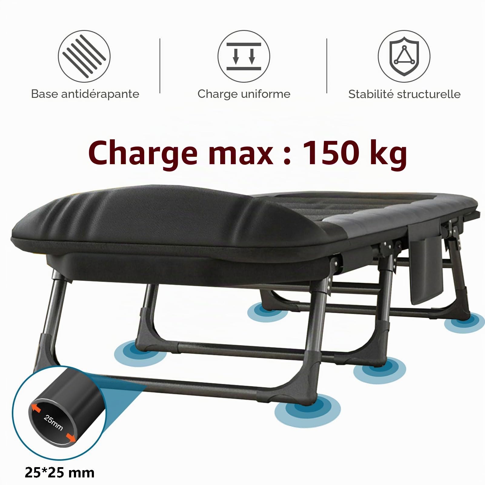 Lit de camping pliable XXL - Chaise de camping extra large - 190 x 65 x 30 cm - Lit de camping pliable léger - Chaise longue de jardin réglable en 6 positions - Pour l'extérieur, l'intérieur et le