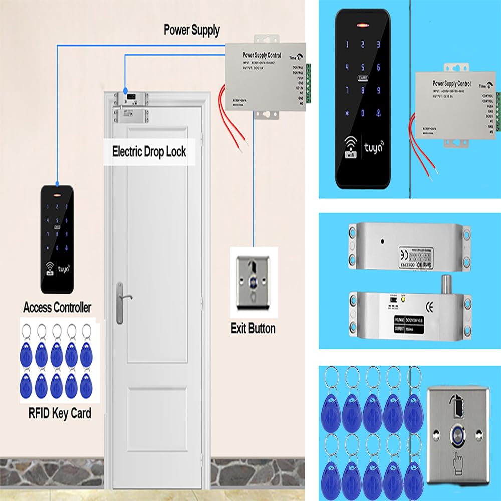Kit sistema di controllo accessi, tastiera RFID impermeabile IP68, serratura elettrica a catenaccio da 150/150 kg, 10 portachiavi