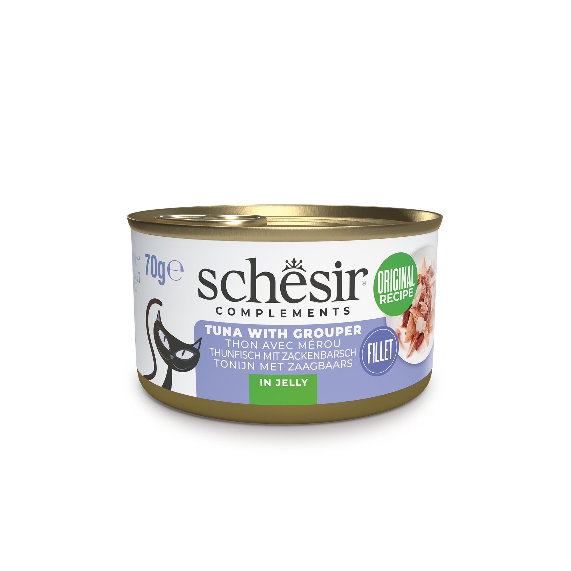 Schesir, Filetes de Atún con Mero en Gelatina, Comida Húmeda Complementaria para Gatos, en Latas, Receta Original, 100% Natural, 12 x 70g