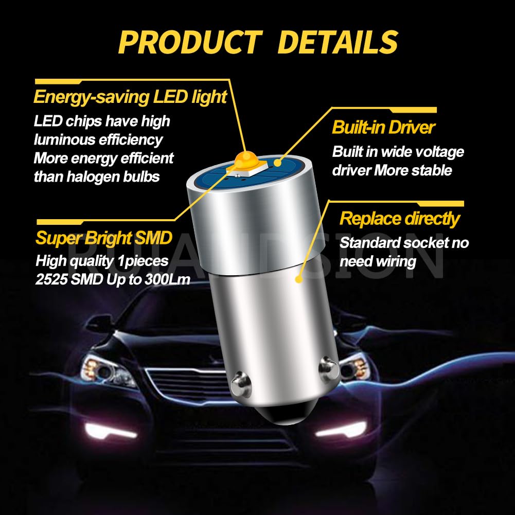 Ruiandsion BAY9S H21W Lampadina LED 6V-30V 12V 24V bianco caldo per luci laterali auto luci di retromarcia interni (confezione da 10)
