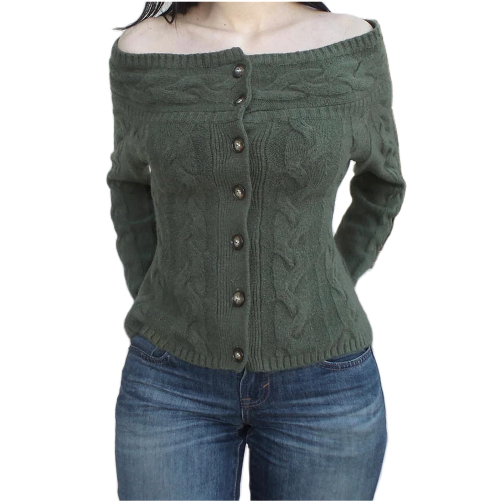 Karwuiio Off The Shoulder Cardigan Sweater for Women Knit Long Sleeve Button Sweater Y2K Fall Outfits Trendy 2025