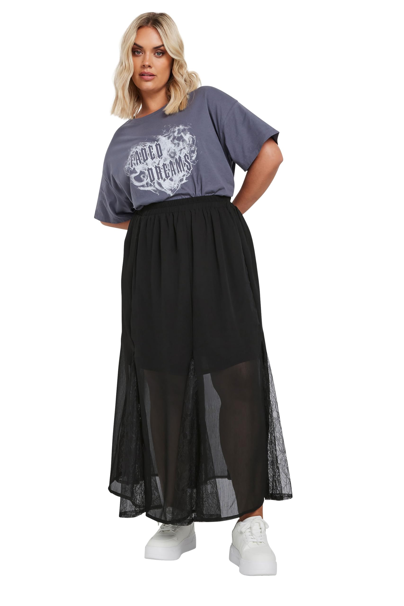 Yours Women's Lace Godet Maxi Skirt in Black | Size: 20