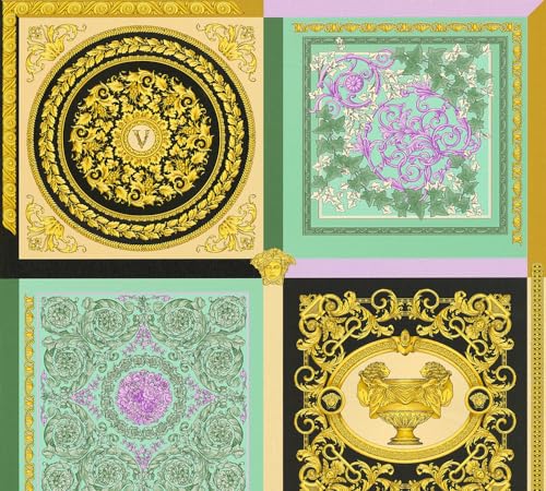 A.S. Création Versace Wallpaper Baroque Luxury Wallpaper Floral 387041 Mint Green Purple Black Gold Logo Medusa 10.05 x 0.70 m Made in Germany - Image 3