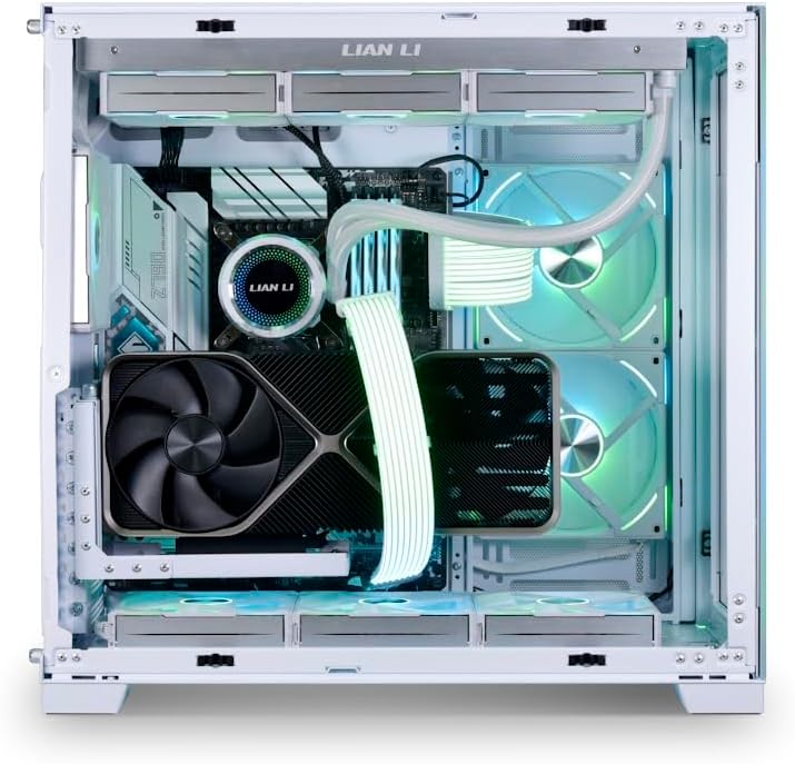 Vertically mounted GPU in a white computer case with RGB lighting