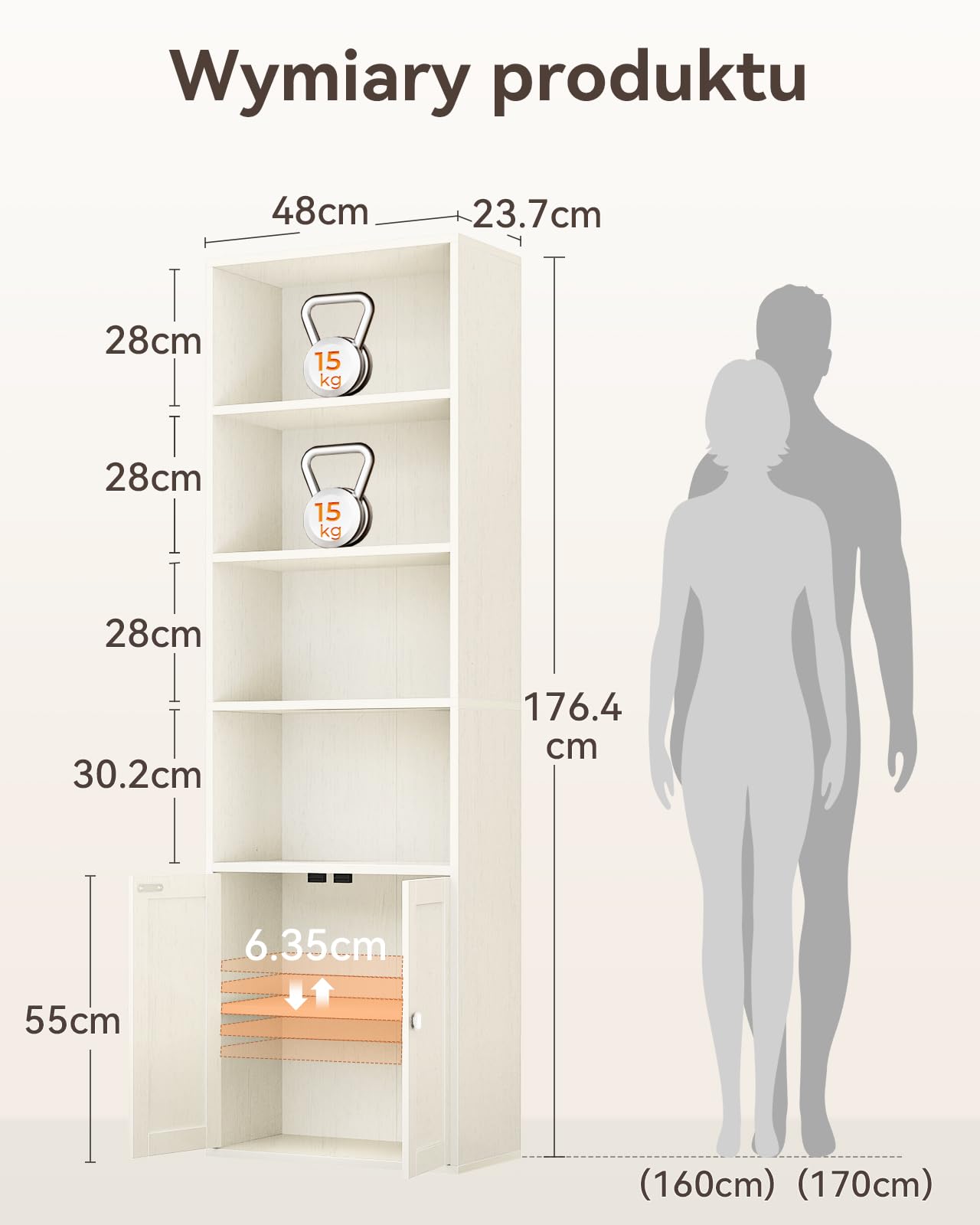 Coleshome 6-poziomowa biblioteczka z drzwiami i szafką, Wisząca na podłodze półka na książki do ekspozycji i przechowywania, Półki na książki do domu, biura, salonu, sypialni, Biały, 48x24x176.4