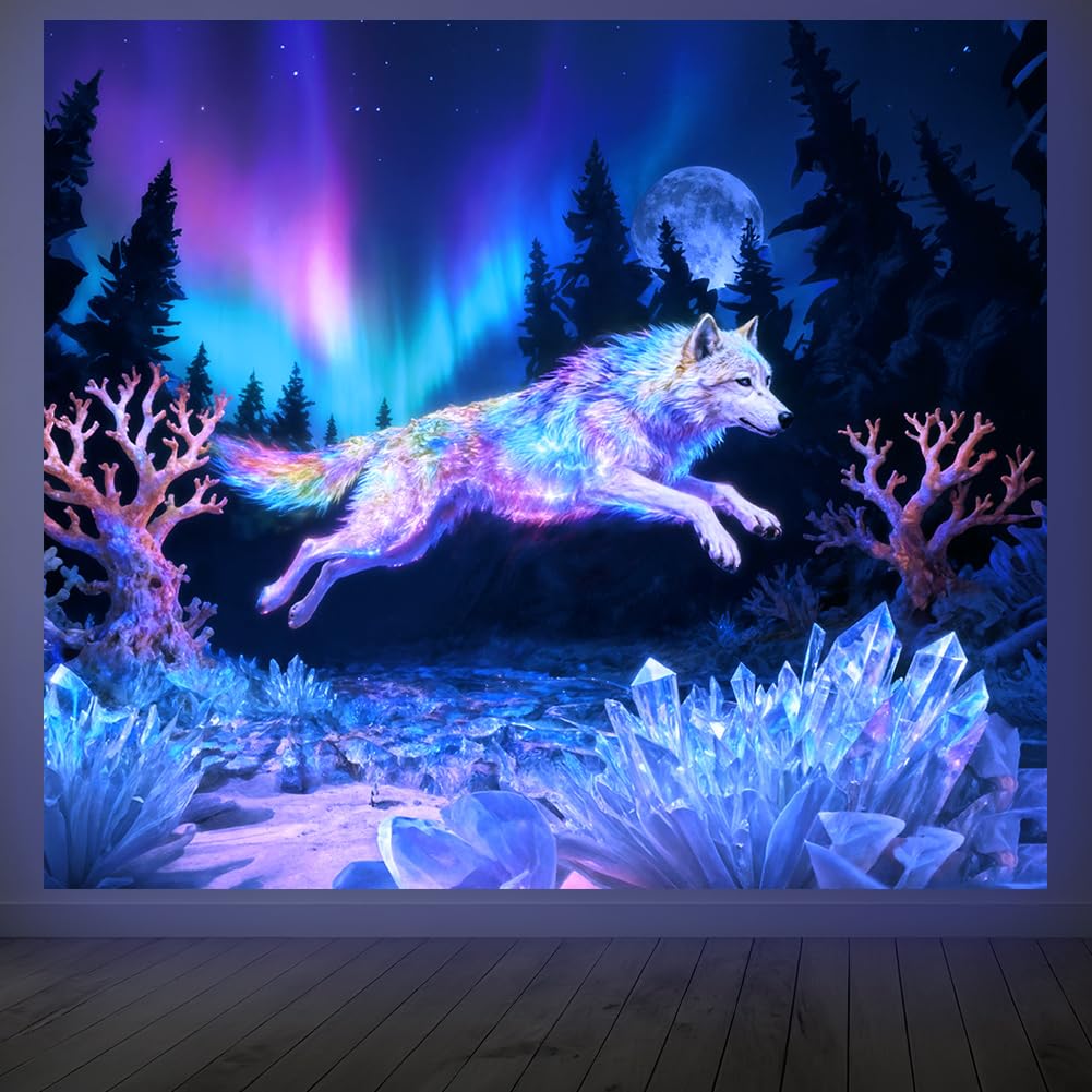 CRAFTYMELODY Neon Wolf Blacklight Tapestry Rainbow Forest Glow in the Dark Tapestry UV Reactive Forest Wall Hanging 59×51 Inch with Hook Self Adhesive Sticker Clip for Home Wall Decor