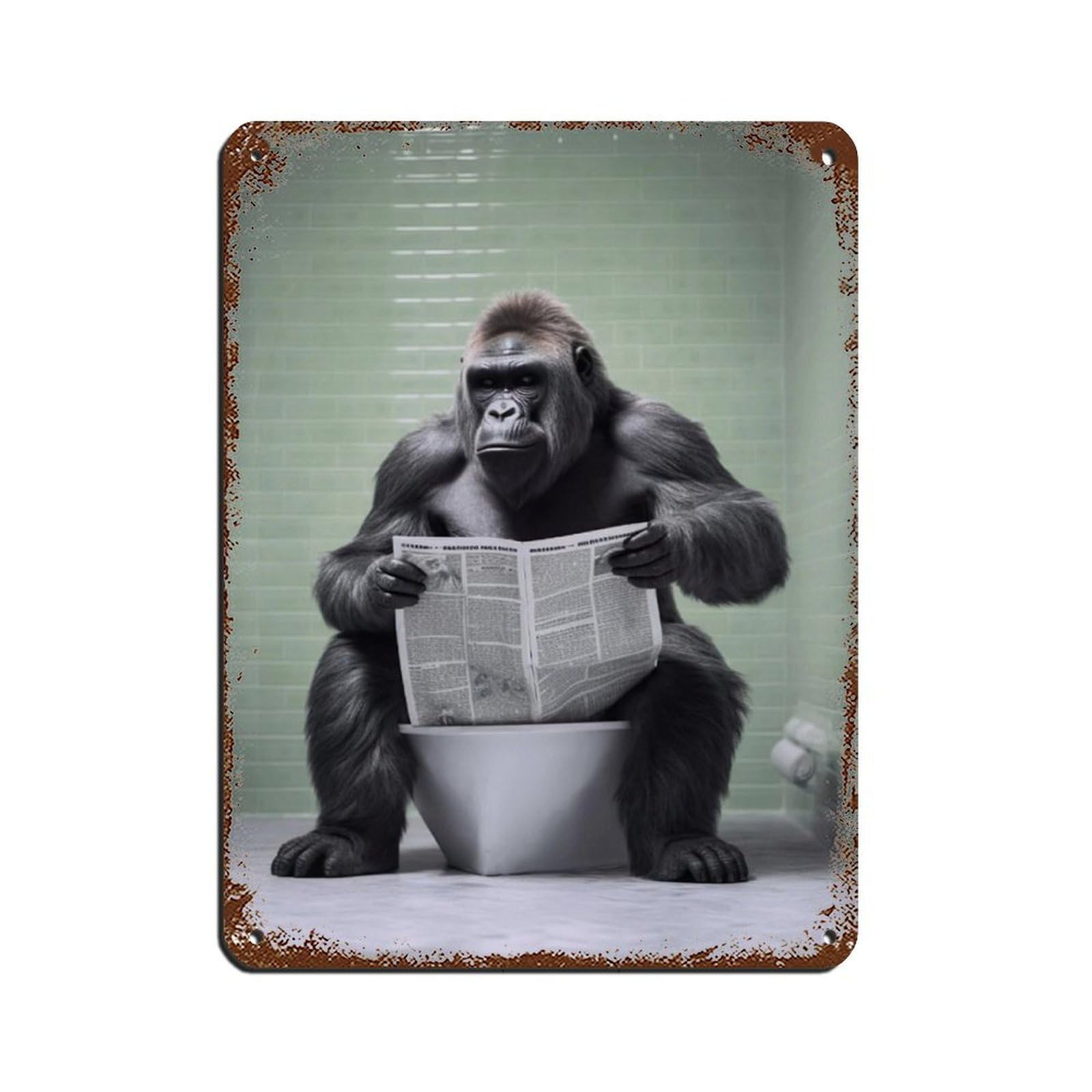 Lxwnze 30L X 40W Cm Gorilla Sitting On The Toilet Reading A Newspaper (4) Retro Poster Metal Tin Sign Chic Art Retro Iron Painting Bar People Cave Cafe Family Garage Poster Wall Decoration 12X16inch(30X40cm)