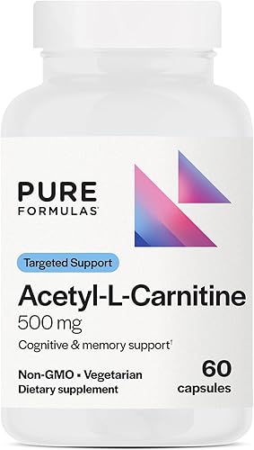 Pure Formulas Acetil L-carnitina apoyo cognitivo y de memoria L Carnitina Suplemento para cerebro, concentración y calma Alcar, 500 mg sin lácteos