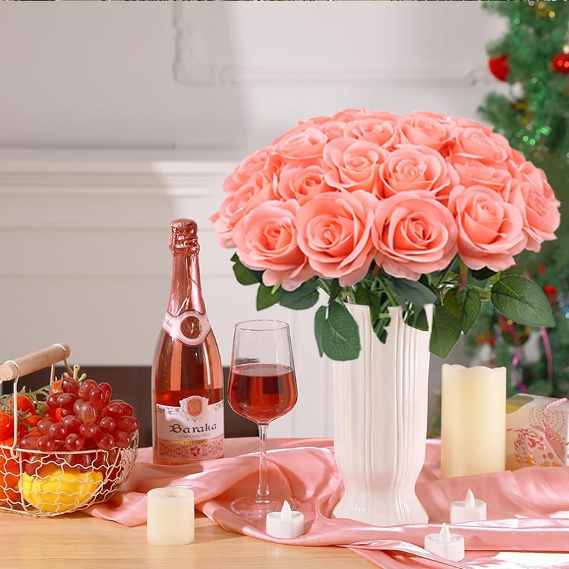 LVEFIT Artificial Rose Flower Artificial Flowers Flower with Long Stem Silk Roses Bouquet for Wedding Bridal Shower Party Home Decoration (Coral Peach, 12 Pcs) - Image 2