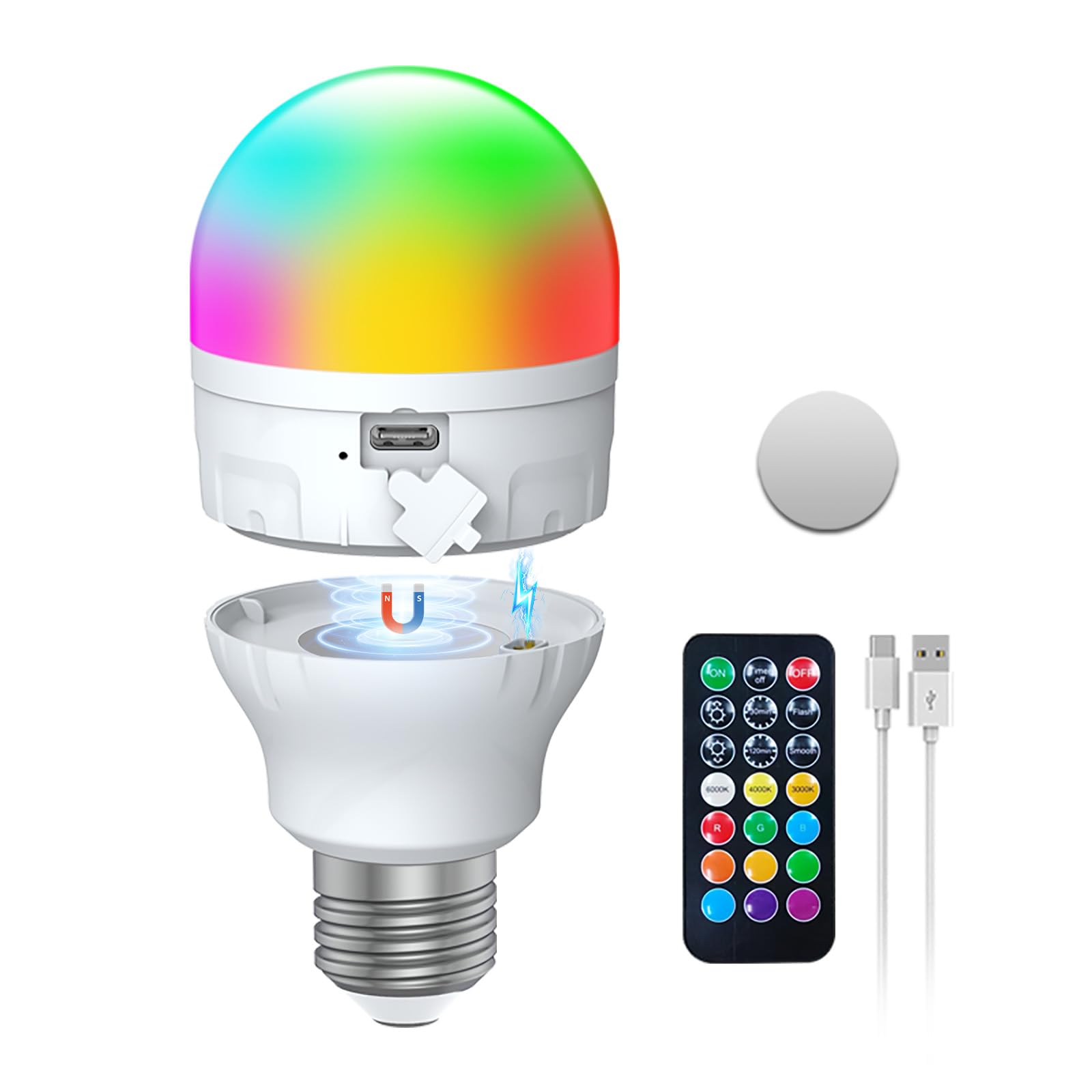 USB-C Rechargeable Light Bulb with Remote Control,AC100-240V E27 LED Bulbs 7W,RGBCCT Dimmable Touch Control Light Bulb with Timer and Battery,2000mAh Outdoor Emergency Light With Magnetic,1 Pack