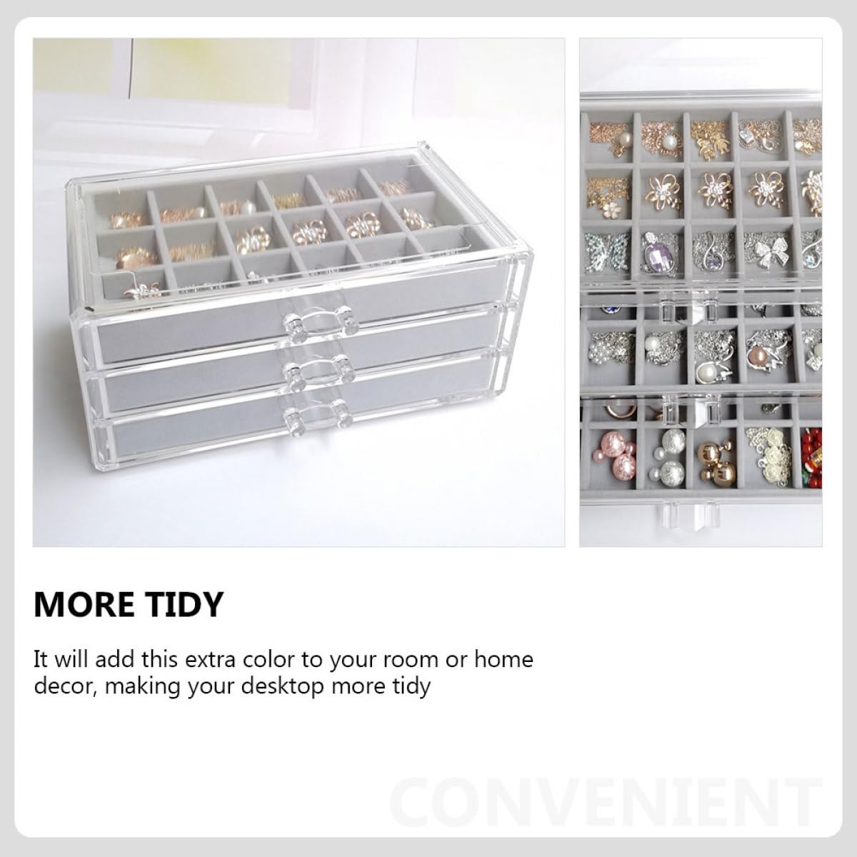 Organizador de Joyas de Acrílico Multicapa, Caja de Almacenamiento de Terciopelo Gris 3 Niveles y 54 Compartimentos, Contenedor Compacto para Collares, Pendientes y Anillos,