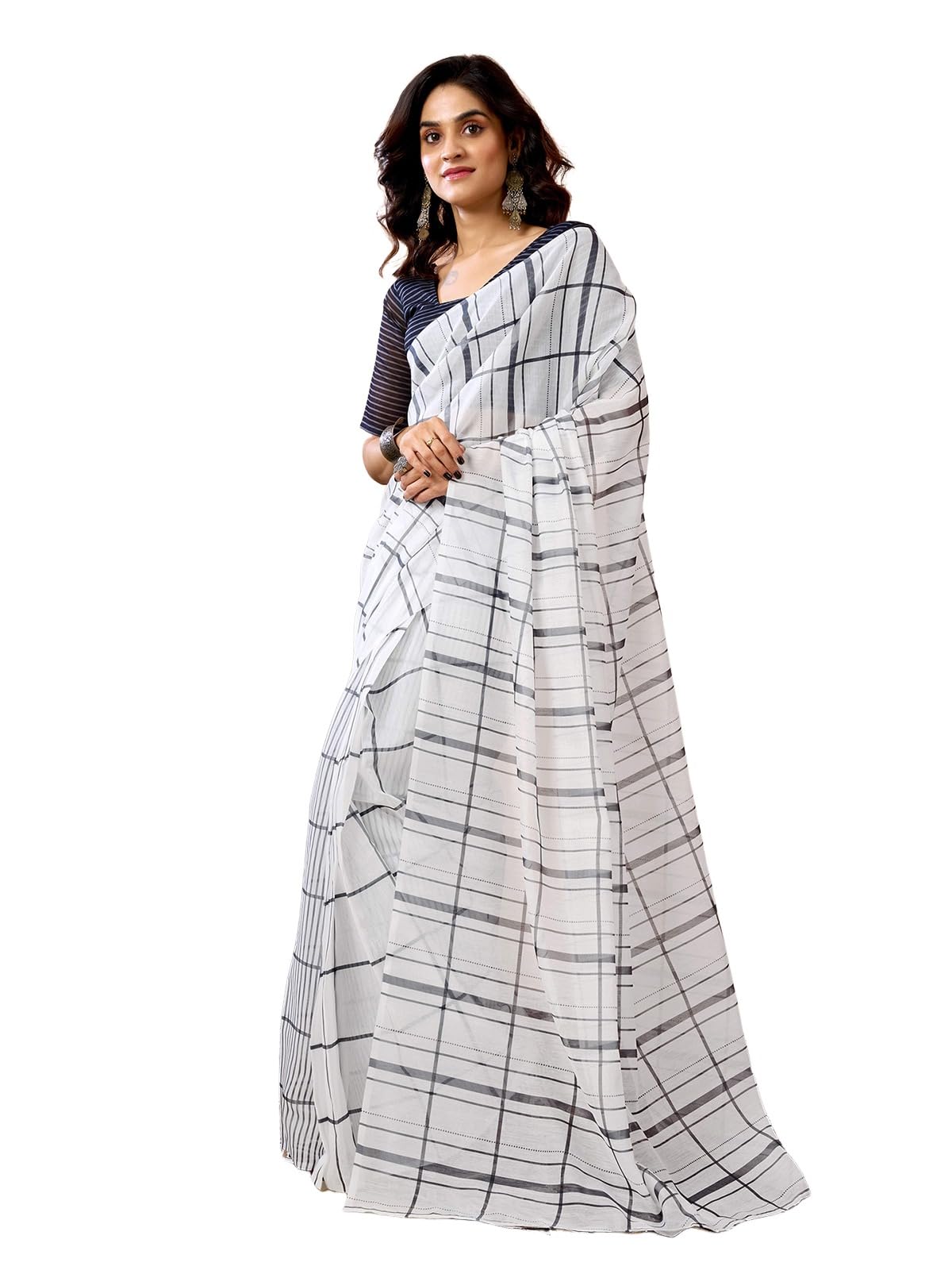 Satrani Women's Chanderi Cotton Printed Ready To Wear Saree With Unstitched Blouse Piece (41Rs368_White)