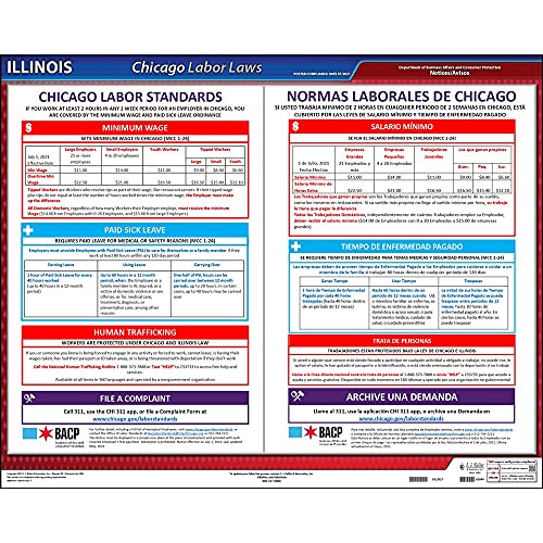 Illinois/Chicago Minimum Wage Poster - English & Spanish Laminated Labor Law Poster - Meets Chicago Minimum Wage Ordinance Requirements
