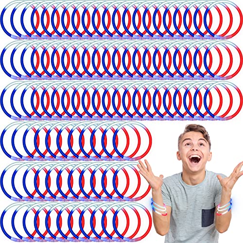 Hanaive 100 Pcs 8'' Red White and Blue Glow Stick Bracelet Glow in The Dark Bracelet 4th of July Party Supplies Patriotic Independence Day Light up Bracelet for Neon Birthday Memorial Day Favors