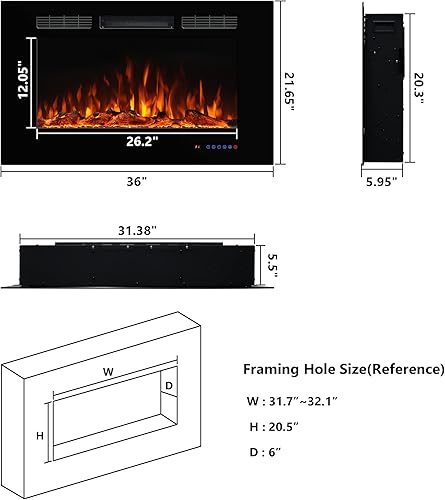 Miniatura 5 de Chimenea eléctrica de 36 pulgadas, insertos de chimenea empotrados y montados en la pared, llama multicolor con 5 atenuadores, termostato de control