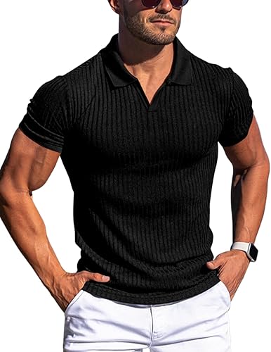Camisas tipo polo con cuello en V para hombre, ajustadas, de manga corta, de algodón, de punto acanalado, suaves