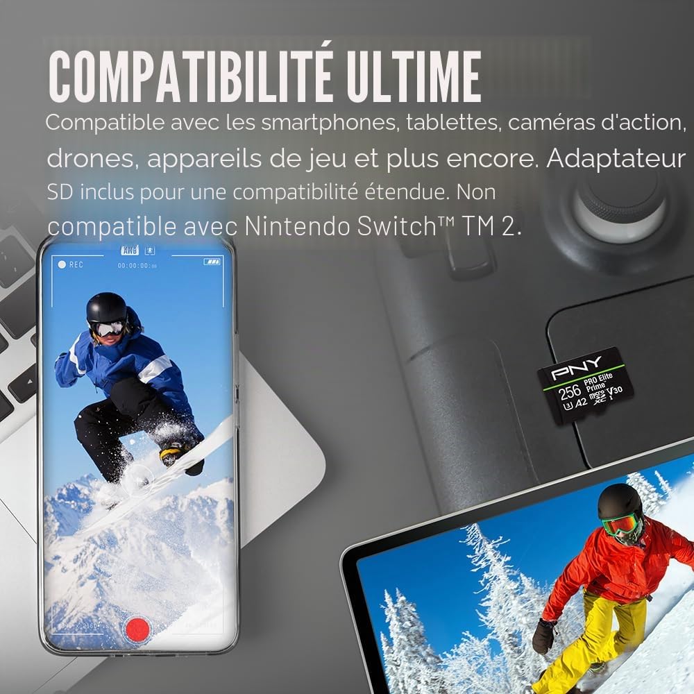 PNY 256GB Pro Elite Prime C10 U3 V30 A2 microSDXC Carte Mémoire Flash