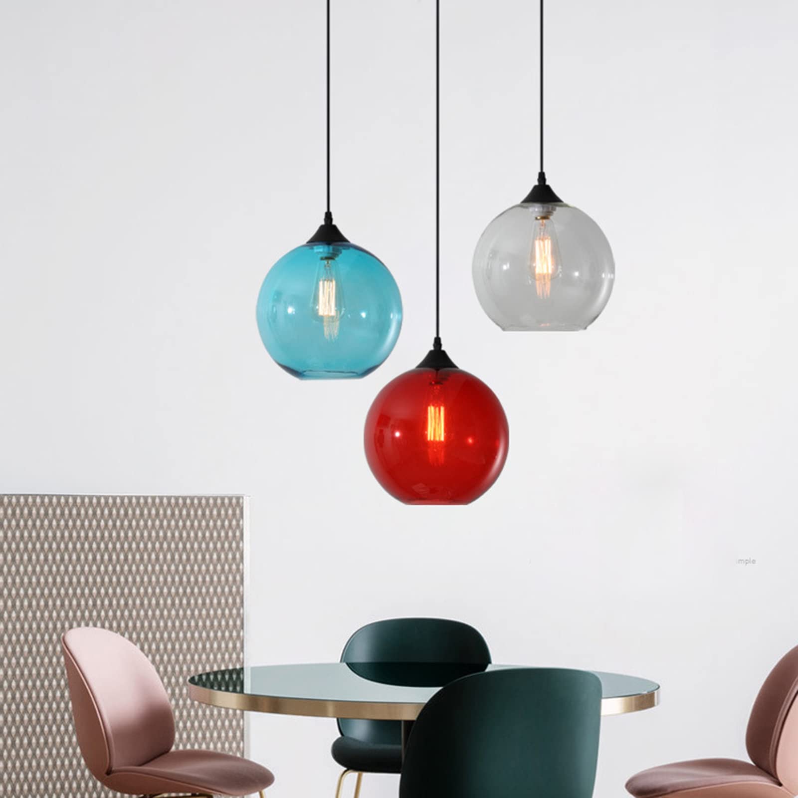Prosta szklana kula wisząca lampa, Vintage Industrial Globe Sufitowe światło wiszące E27 Loft Bar do kuchni, jadalni, sypialni (czerwony)
