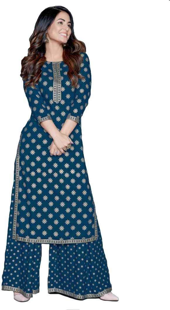 Women's Rayon Gold Print Blue Kurta and Palazzo Set (Blue, 2X_l)