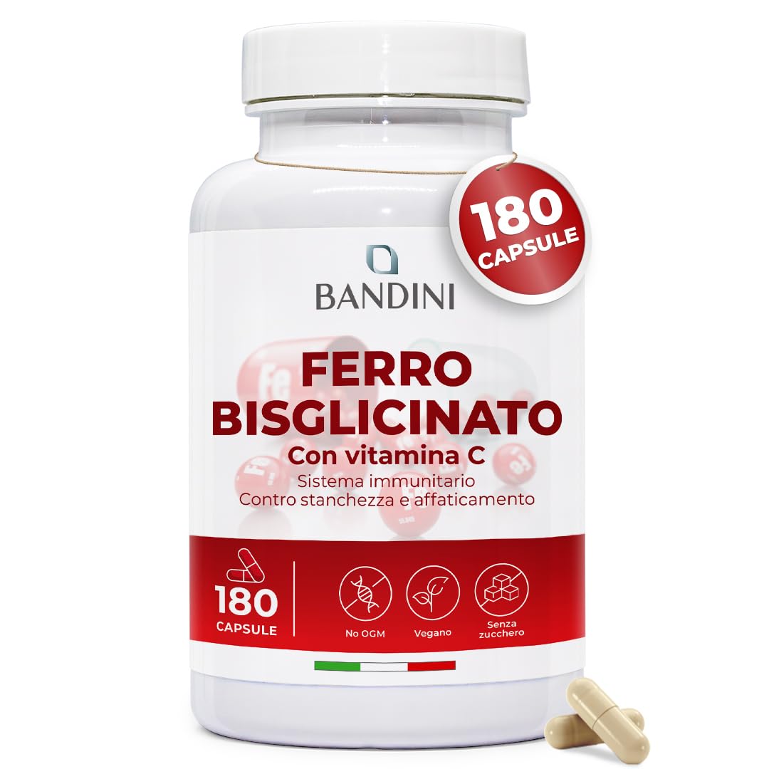Bandini® Ferro Bisglicinato 80mg + Vitamina C 180 Capsule Vegan (Scorta di oltre 6 Mesi) - Contribuisce al Normale Metabolismo Energetico - Altamente Assimilabile e Biodisponibile - Iron + Vit C 160mg