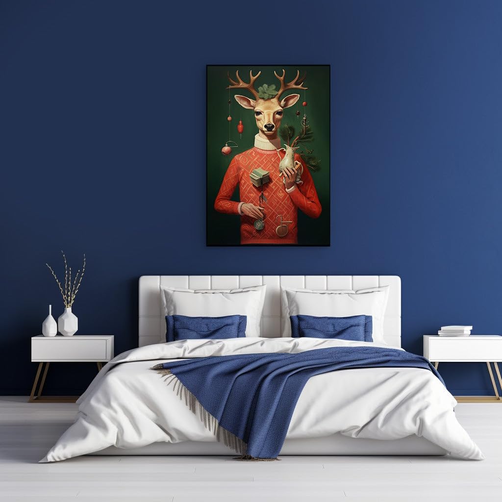 Canvas for Living room. Surreal Elegance: A Deer in Knitwear Bearing a Vase, 27 x 18 inch Canvas Wall Art - Contemporary Masterpieces - Nature Home Decor - 69x46 cm (27x18 inch)