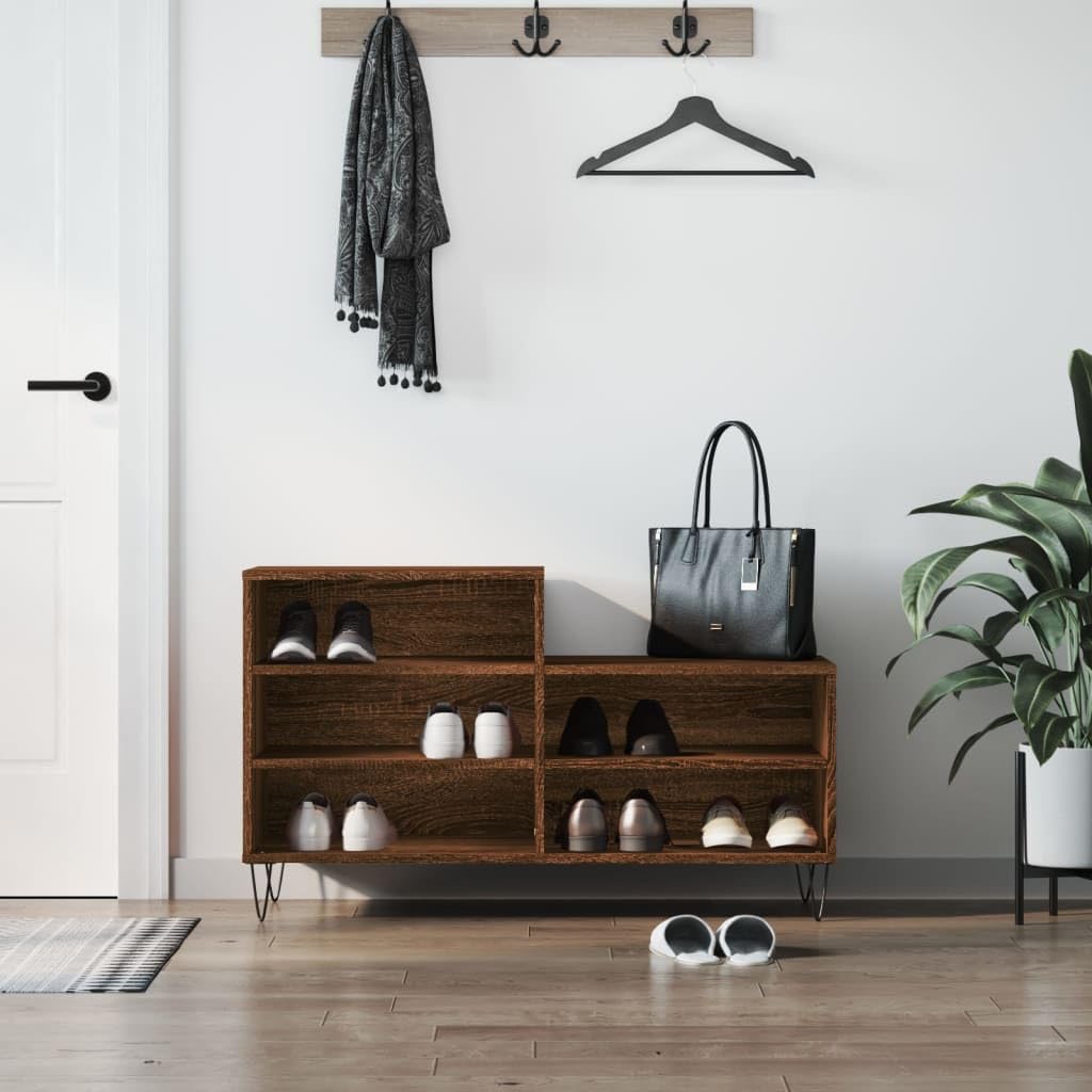 Stojak na buty dębowy, brązowy, 102 x 36 x 60 cm | 5 przegródek, wielowarstwowe drewno, metalowe nogi, łatwe do czyszczenia