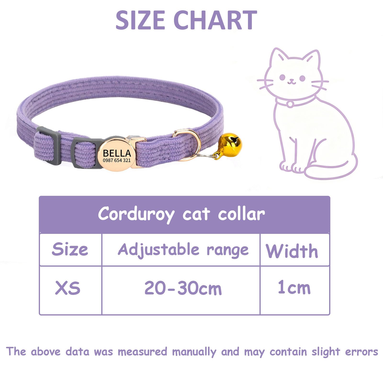 Collare per gatti personalizzato con nome e numero di telefono, collare regolabile in velluto a coste a sgancio rapido con campanello e fibbia di sicurezza per gatti o cani di piccola taglia, 20-30 cm