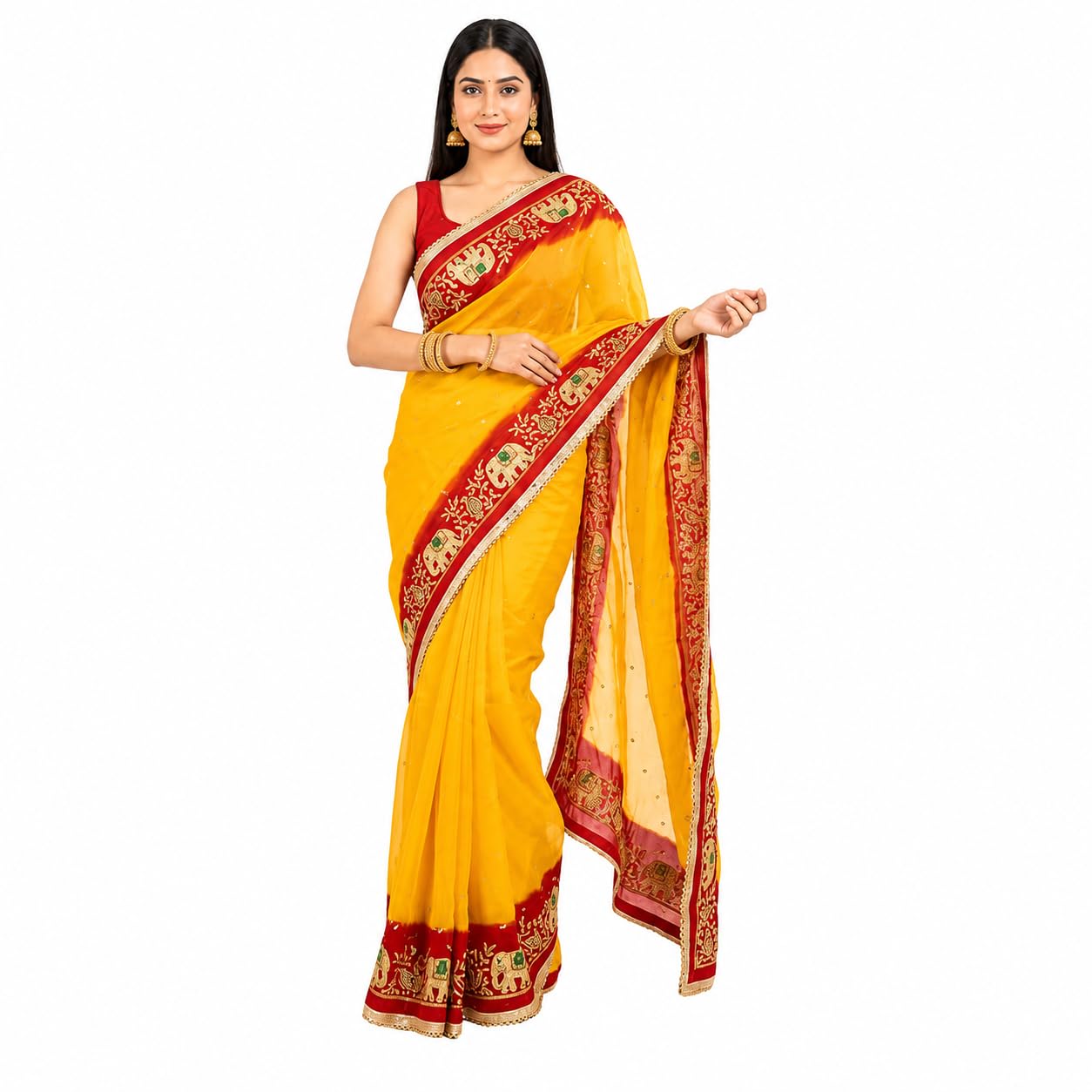 Women's Yellow Georgette Saree with Embroidered Elephant Border | Saree with Blouse Piece-picture-20