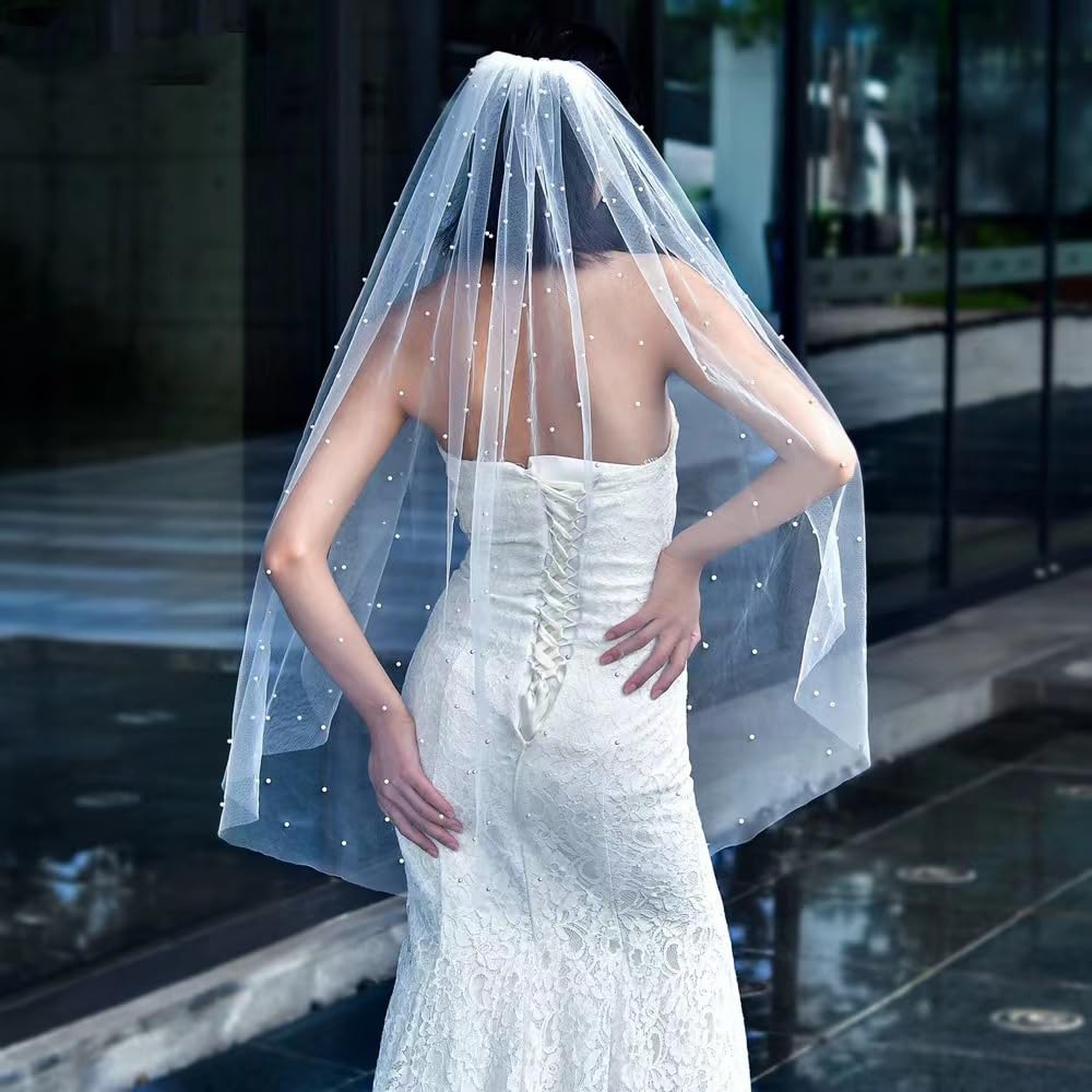 Voile de mariée avec perles blanc/ivoire - Voile de mariage - 1 couche de tulle souple - Avec peigne en métal - Élégent - Église - Long voile de perles - Accessoire de cheveux pour femme -