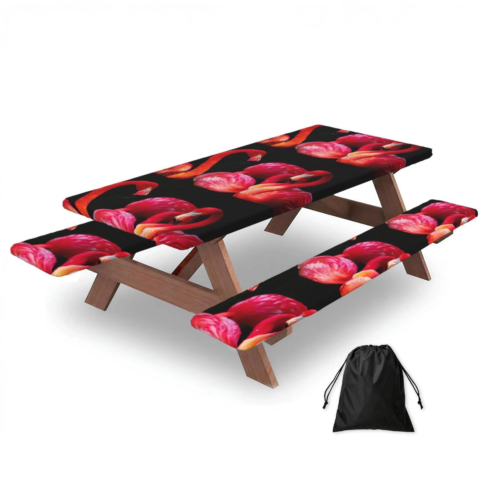 Duwaa Black Flamingos In Background Print 183Cm Picnic Table Cover With Bench Covers, Waterproof Elastic Tablecloth Set For Outdoor
