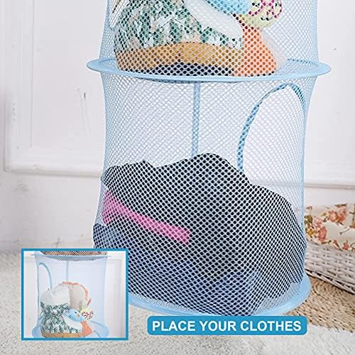 UESDU Hanging Mesh Storage Bag 2 PCS Collapsible Hanging Mesh Basket Foldable Hanging Soft Toy Storage Hanging Mesh 4 Tier Compartments Hanging Mesh Storage Basket (Blue & Yellow)