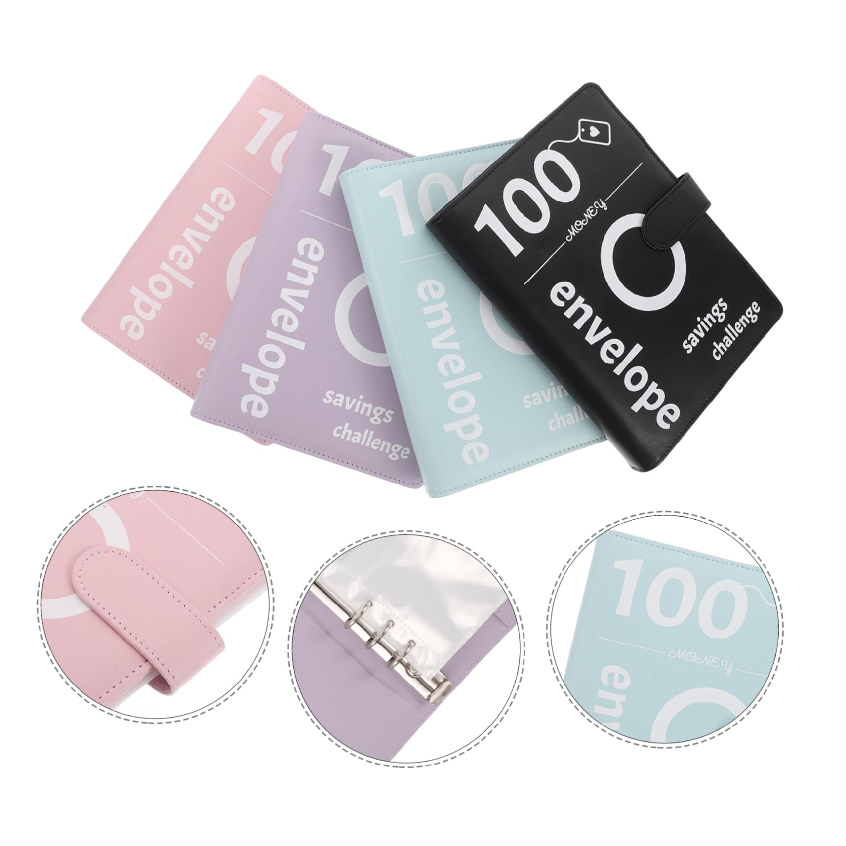 Quaderno ad Anelli Challenge Risparmio Denaro 4 Set Pu | Buste Trasparenti per Contanti, Accessori in Plastico e Metallo, Design Elegante per Coppie