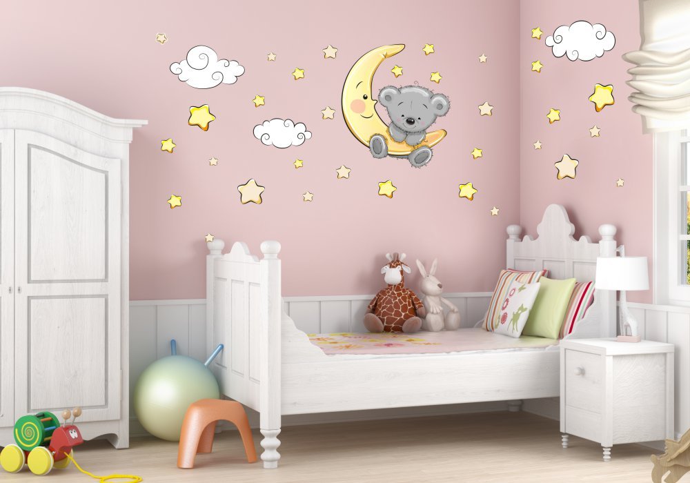 Nicima 064 Sticker mural décoratif Motif ourson sur la lune Nuages Étoiles – 6 tailles – Pour chambre d'enfant, chambre de bébé, ciel étoilé – Adhésif mural mignon – Décoration murale mignon –