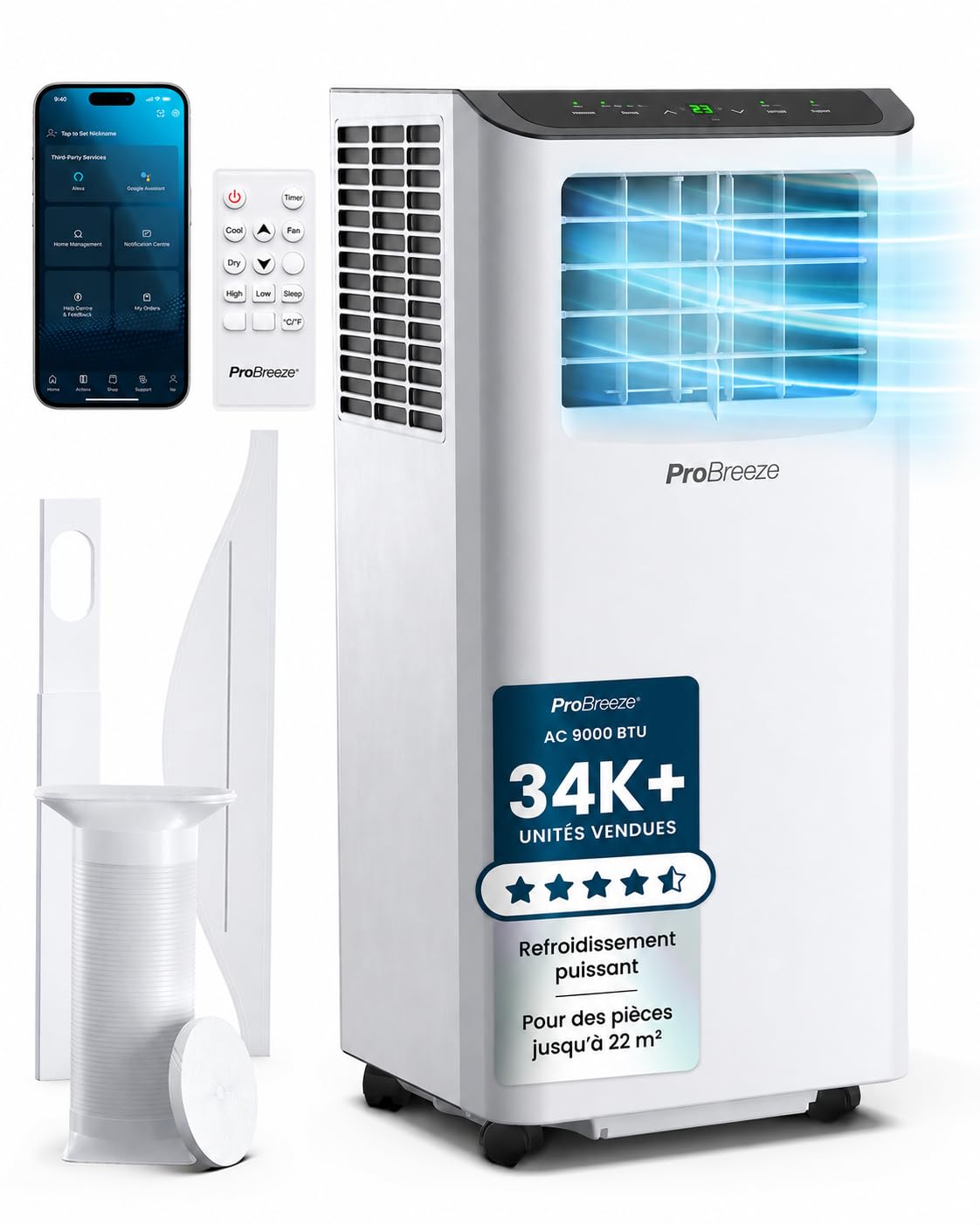 Pro Breeze Climatiseur Mobile 4-en-1 9000 BTU - Clim Puissante compatible WiFi avec Application- Minuterie 24 heures, Télécommande et Kit Fenêtre inclus pour Chambre, Salon 22m² [Classe énergétique A]