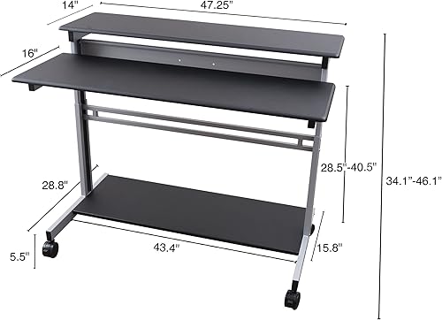 Miniatura 3 de Estación de trabajo para computadora, escritorio con soporte ergonómico móvil con estantes de 48", marco de acero, negro, plateado, (Black Shelves /