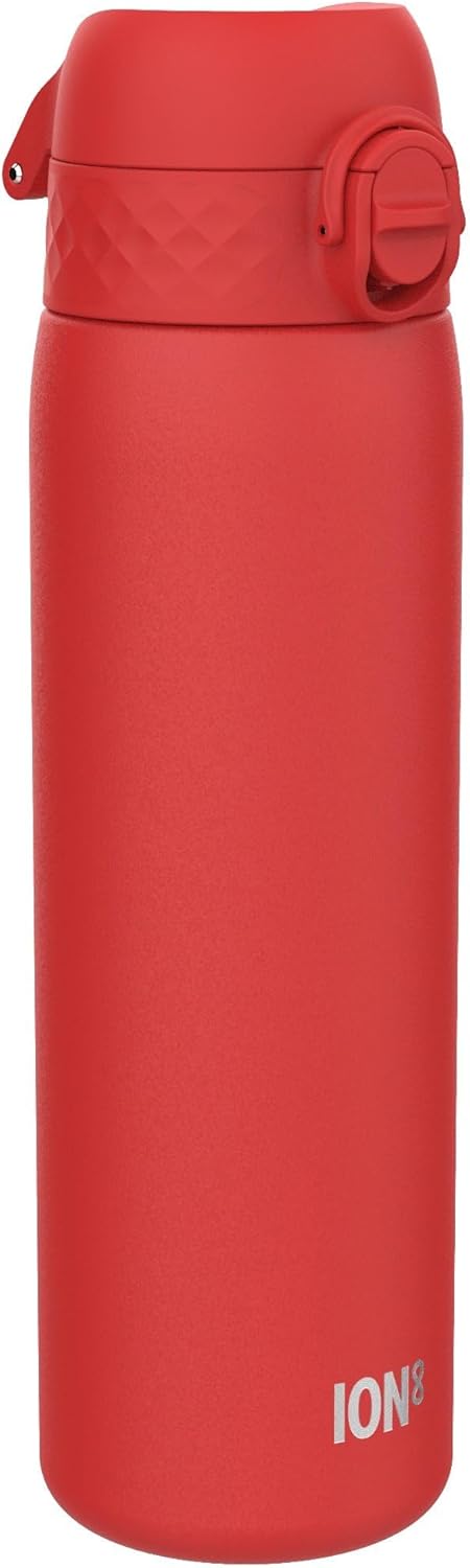 ION8 Vacuum Insulated Steel Water Bottle, 500 ml/18 oz, Leak Proof, Easy to Open, Secure Lock, Dishwasher Safe, Fits Cup Holders, Carry Handle, Scratch Resistant, Durable Stainless Steel, Red