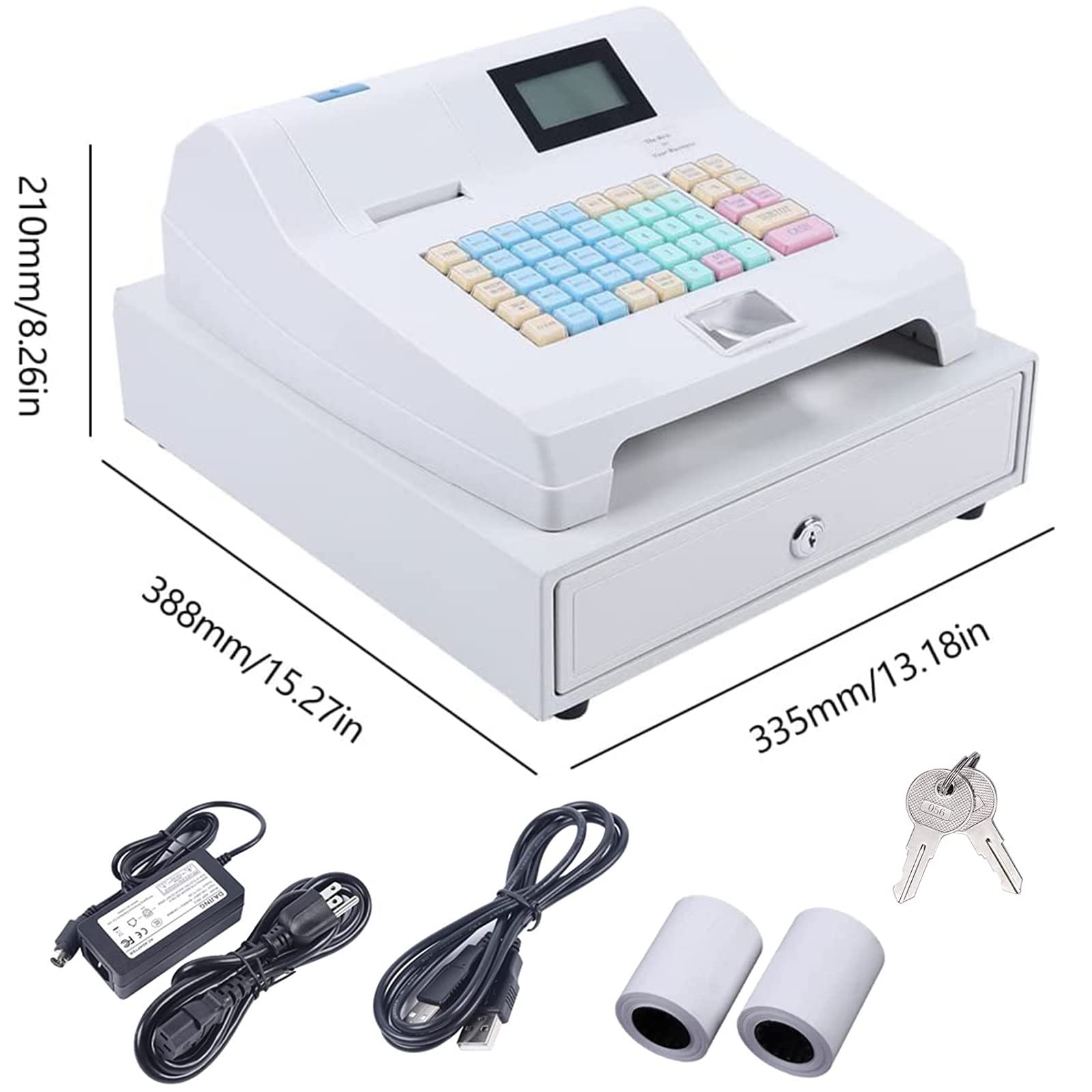 BLANKX Caja registradora para pequeñas Empresas, Restaurante, minorista, Cash Register electrónica Comercial de 48 Teclas con cajón, Teclado Plano e Impresora térmica