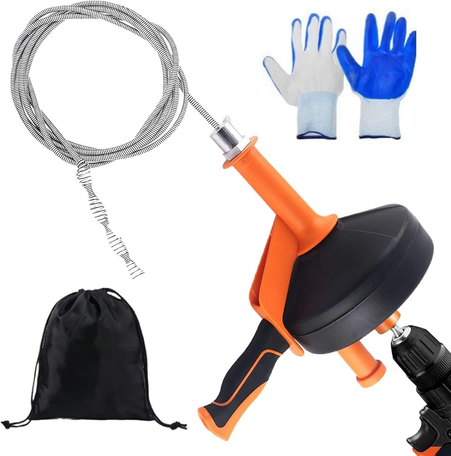 Spirale per la pulizia dei tubi, 13 m, riutilizzabile, a spirale, ideale per la pulizia dei tubi, con guanti impermeabili per cucina, lavandino, doccia e vasca da bagno
