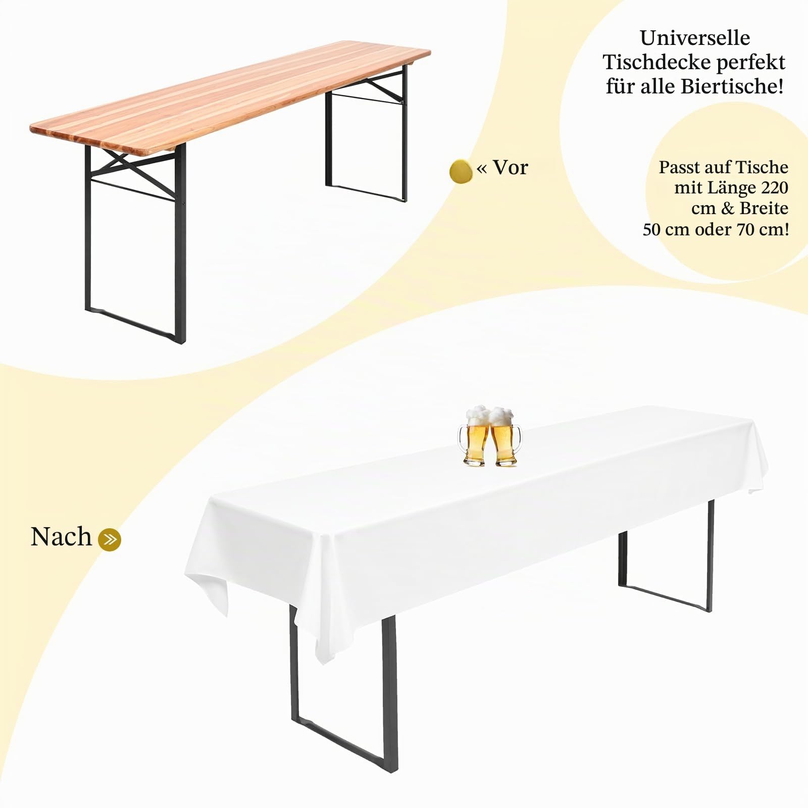 6 Stück Biertisch Tischdecke Weiß Wasserabweisender Polyester für 70cm u.50cm Biertische Hussen, Rechteckige Tischdecken Waschbar 100x250cm (Weiß)