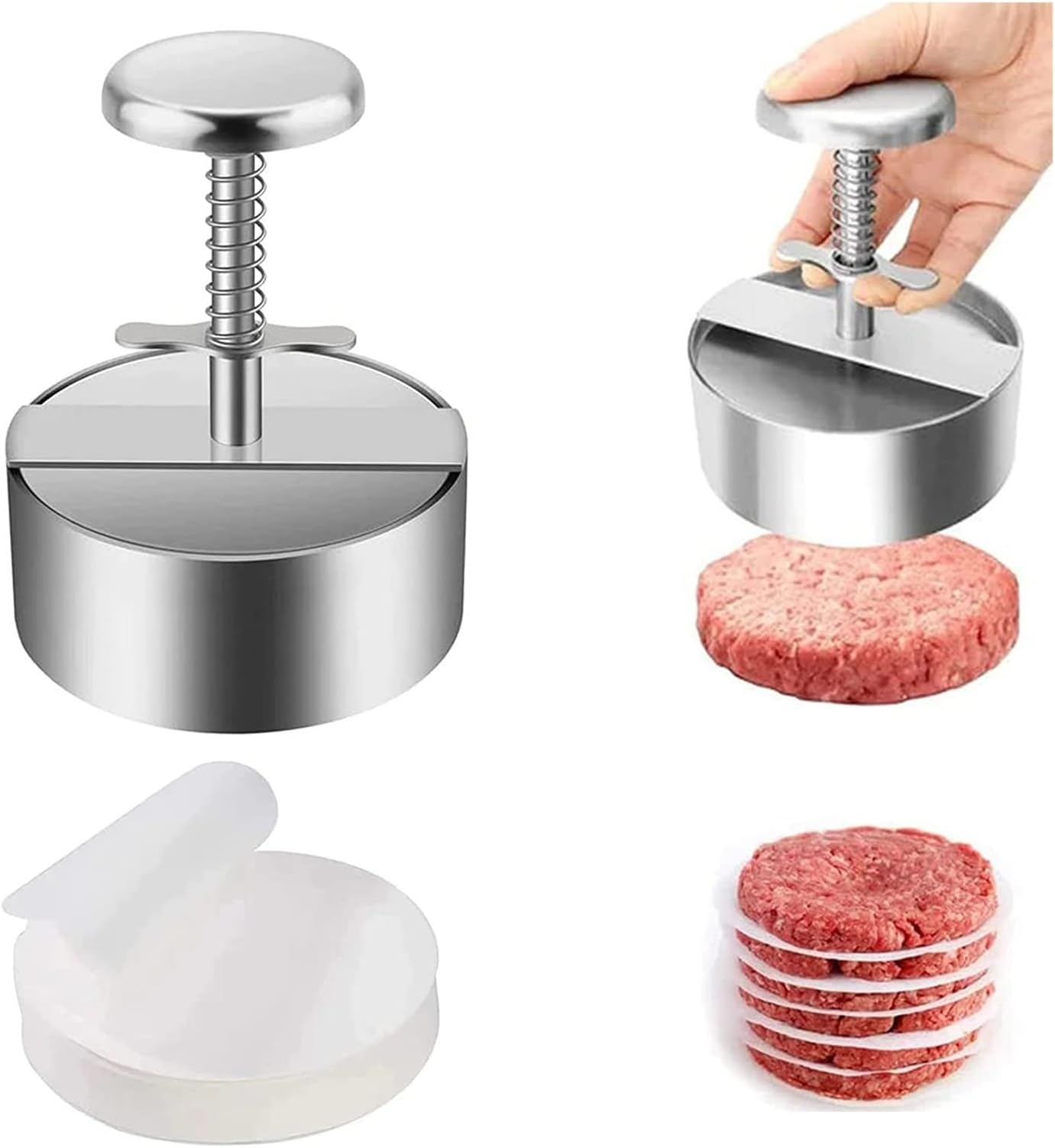 Burger Patty Maker Press with Hamburger Patty Paper - Adjustable Manual Meat Press, Non Stick Stainless Steel Slider - With 100pcs Hamburger Patty Paper