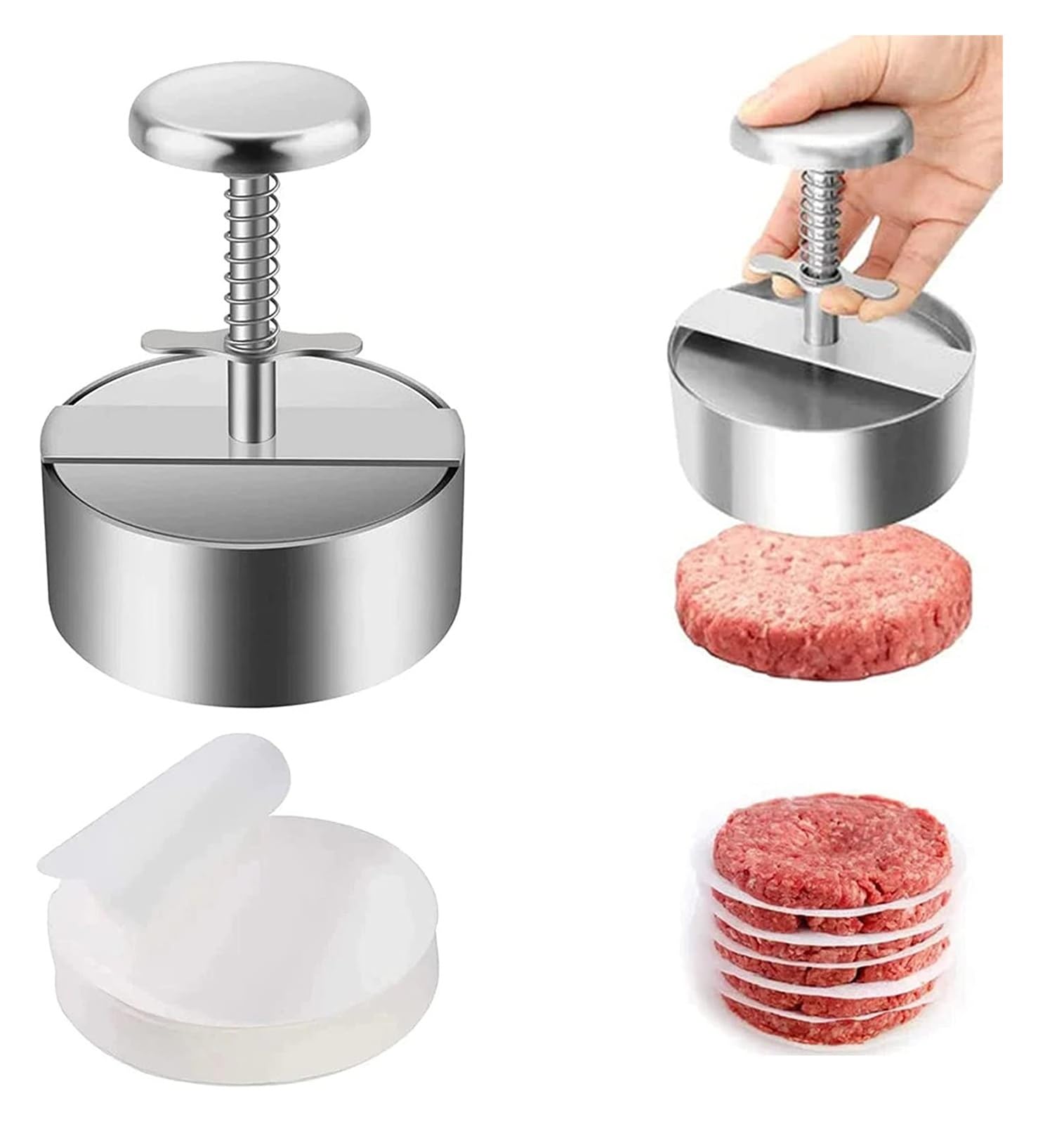 Manual Meat Press, Slider Press, For Burger Patties With 100pcs Hamburger Patty Paper - Adjustable Hamburger Patty Maker Molds, Non Stick Stainless Steel