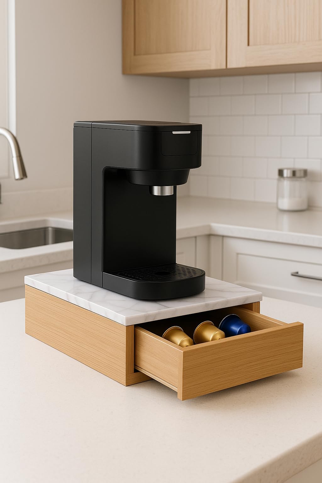 Porta Capsule Caffè in Legno con Piano Effetto Marmo Bianco e Cassetto Organizer – 30x30x10 cm
