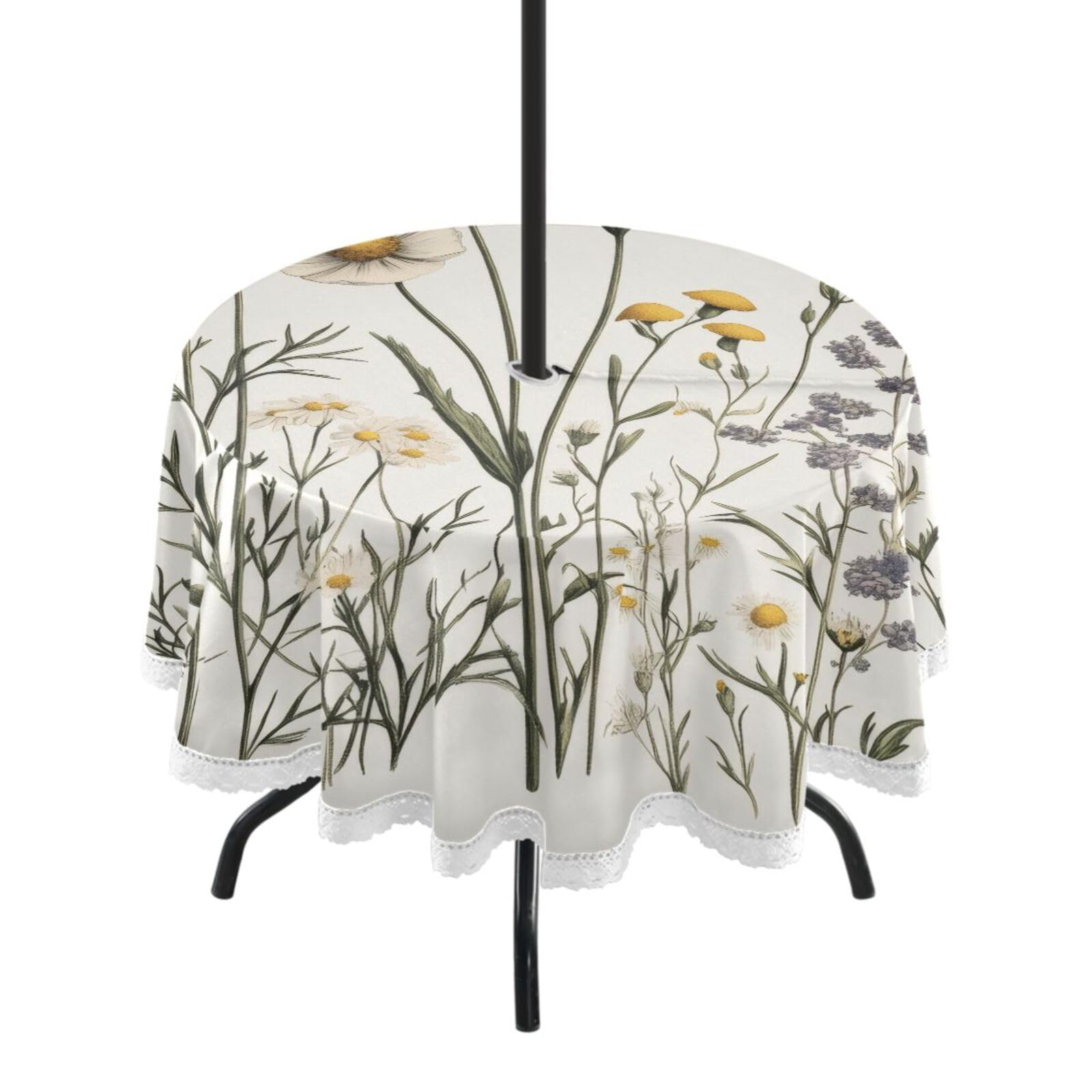 Ttgoth Wildflowers Outdoor Table Cloth 152 cm Water Stain & Resistan Tablecloth Wipeable Table Cover with Parasol Hole & Zipper for Garden Patio Party Picnic