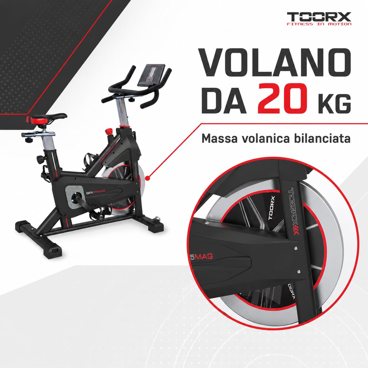 TOORX [SRX-65MAG Indoor Cycle Spinning Bike Magnetica] Spin Bike Fitness | Cyclette Spinning Volano 20 kg Resistenza Magnetica Computer LCD Zwift Kinomap Cardio Home Gym Pedali SPD